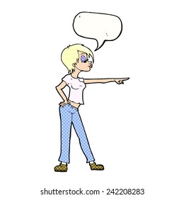 cartoon woman pointing with speech bubble