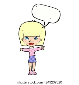 cartoon woman pointing with speech bubble