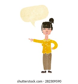 cartoon woman pointing with speech bubble