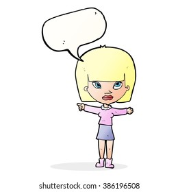 cartoon woman pointing with speech bubble