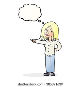cartoon woman pointing with thought bubble