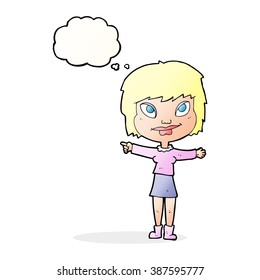 cartoon woman pointing with thought bubble