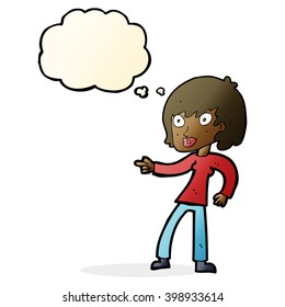 cartoon woman pointing with thought bubble