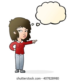 cartoon woman pointing with thought bubble