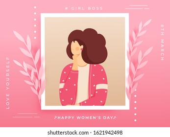 Cartoon Woman Portrait or Picture Frame with Leaves on Pink Background for Happy Women's Day.