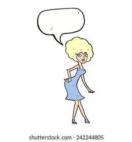 cartoon woman posing in dress with speech bubble