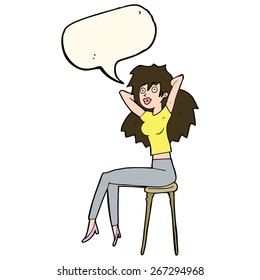 cartoon woman posing on stool with speech bubble