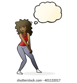 cartoon woman posing with thought bubble