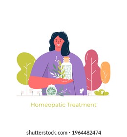 Cartoon woman prepared organic natural homeopathic pills in glass jars. Homeopathy treatment banner, herbal alternative medicine, essential natural oil, herb pharmacy, food supplement. flat vector