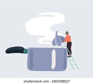 Cartoon of woman preparing family meal in big saucepan and adding garlic staging at the ladder. Illustration of family recipe and industrial processed food production.