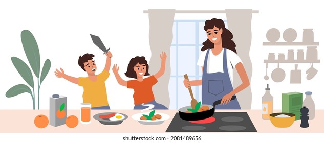 Cartoon woman preparing food for kids. Kitchen home vector interior