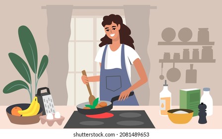 Cartoon woman preparing food. Kitchen home vector interior