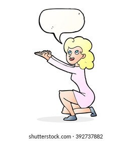 cartoon woman presentation gesture with speech bubble