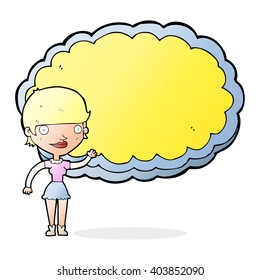 cartoon woman presenting cloud with space for text
