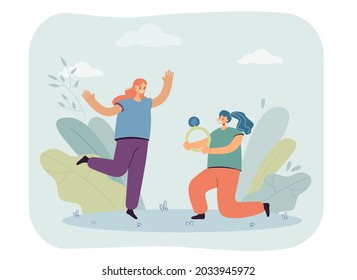 Cartoon woman proposing to girlfriend with huge wedding ring. Happy female characters getting married flat vector illustration. LGBT, marriage, love concept for banner, website design or landing page