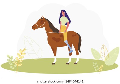 Cartoon Woman with Prosthetic Leg Ride Horse Vector Illustration. Girl with Prosthesis Horseriding. Horseback Sport Training. Paralympic Game. Disabled Rehabilitation, Handicapped Recovery Rehab