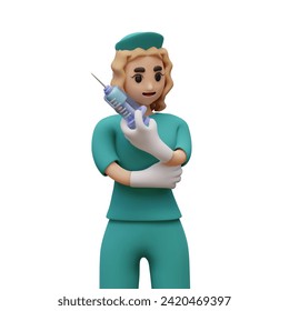 Cartoon woman in protective gloves holding syringe and ready to give injection