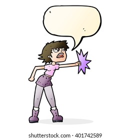 cartoon woman punching with speech bubble