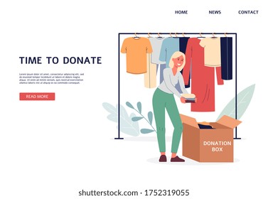 Cartoon woman putting clothes in donation box - charity website banner template with Time to donate slogan. Person donating clothing - vector illustration.