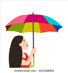 Cartoon woman with rainbow umbrella in a good mood isolated on white