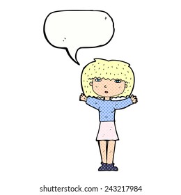 cartoon woman raising arms in air with speech bubble