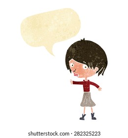 cartoon woman raising eyebrow with speech bubble