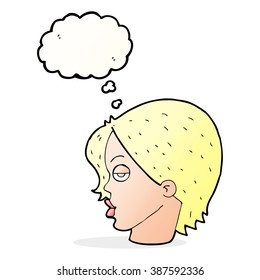 cartoon woman raising eyebrow with thought bubble