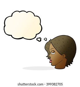 cartoon woman raising eyebrow with thought bubble