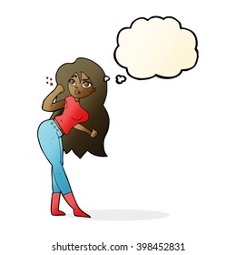cartoon woman raising fist with thought bubble