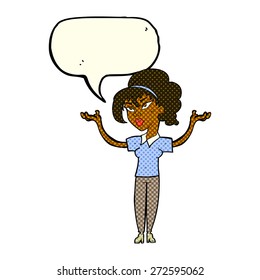cartoon woman raising hands in air with speech bubble