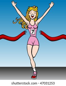 Cartoon of a woman reaching the finish line in a running event.