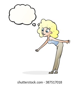 cartoon woman reaching to pick something up with thought bubble