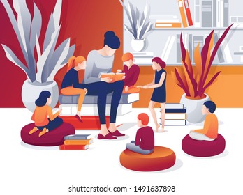 Cartoon Woman Read Book, Children Sit Listen Vector Illustration. Library Bookcase Bookshelf. Literature Reading Kids Event. Elementary School Teacher with Pupils. Girl Boy Study Lesson