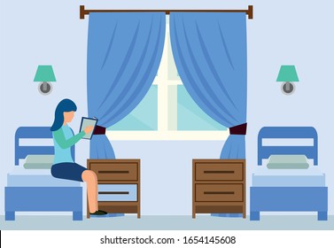 Cartoon Woman Read Book In Hotel Room Vector Illustration. Twin Double Bed Appartment. Bedroom Interior. Motel Suite Hostel Room Reservation. Vacation Travel Trip. Internet Online Order