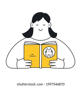 A cartoon woman is reading a book about cats. Study of literature about pets, veterinary training, search for answers to questions. Cute cartoon elegant funny vector illustration on white.