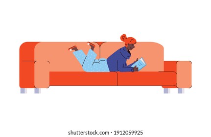 Cartoon woman reading a book lying on her stomach on orange sofa - African girl at home smiling at something she read. Flat isolated vector illustration on white background