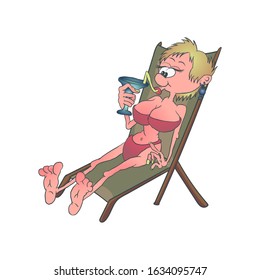 A cartoon woman in a red bathing suit sits on a beach chair and drinks a cocktail from a glass. Vector illustration.