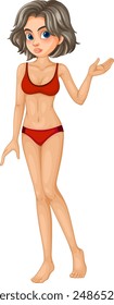 Cartoon woman in red bikini, hand raised