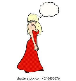 cartoon woman in red dress with thought bubble