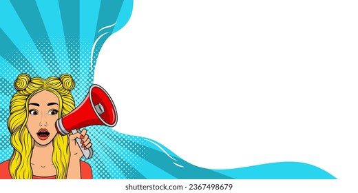 Cartoon woman with a red megaphone and place for text. Vector illustration in a pop art style