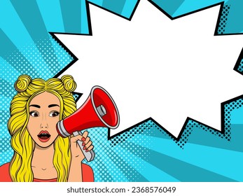 Cartoon woman with a red megaphone and place for text. Vector illustration in a pop art style