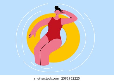 Cartoon woman relaxing on inflatable ring in water. Summer vacation, swimming pool, beach holiday. Vector illustration for travel, leisure, tropical resort, relaxation concepts.