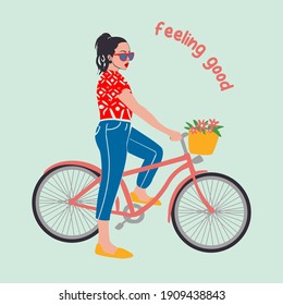 Cartoon Woman rides bicycle with bouquet in basket. Concept of love cycling . Vector illustration