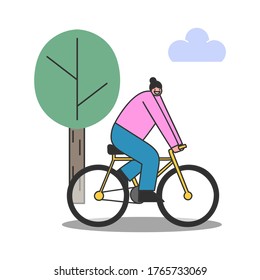 Cartoon Woman Riding Bicycle Over Tree Background. Profile View Of Female Cyclist. Fitness, Healthy Lifestyle And Transportation Concept. Flat Vector Illustration