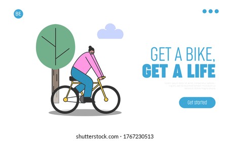 Cartoon Woman Riding Bicycle Over Template Landing Page Background. Profile View Of Female Cyclist. Fitness, Healthy Lifestyle And Transportation Concept. Flat Vector Illustration