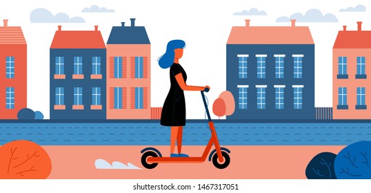 Cartoon Woman Riding Electric Scooter in Small Town. Banner Vector Illustration. Girl on Vehicle. Online Ordering. Girl Moving around City. Rental Application.