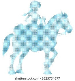 A cartoon woman riding a horse in halftone retro modern