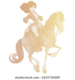 A cartoon woman riding a horse in halftone retro modern