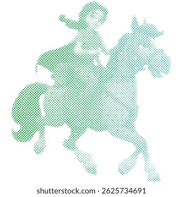 A cartoon woman riding a horse in halftone retro modern