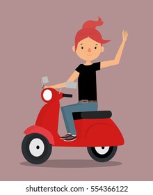 Cartoon woman riding on a red moped. Vector illustration